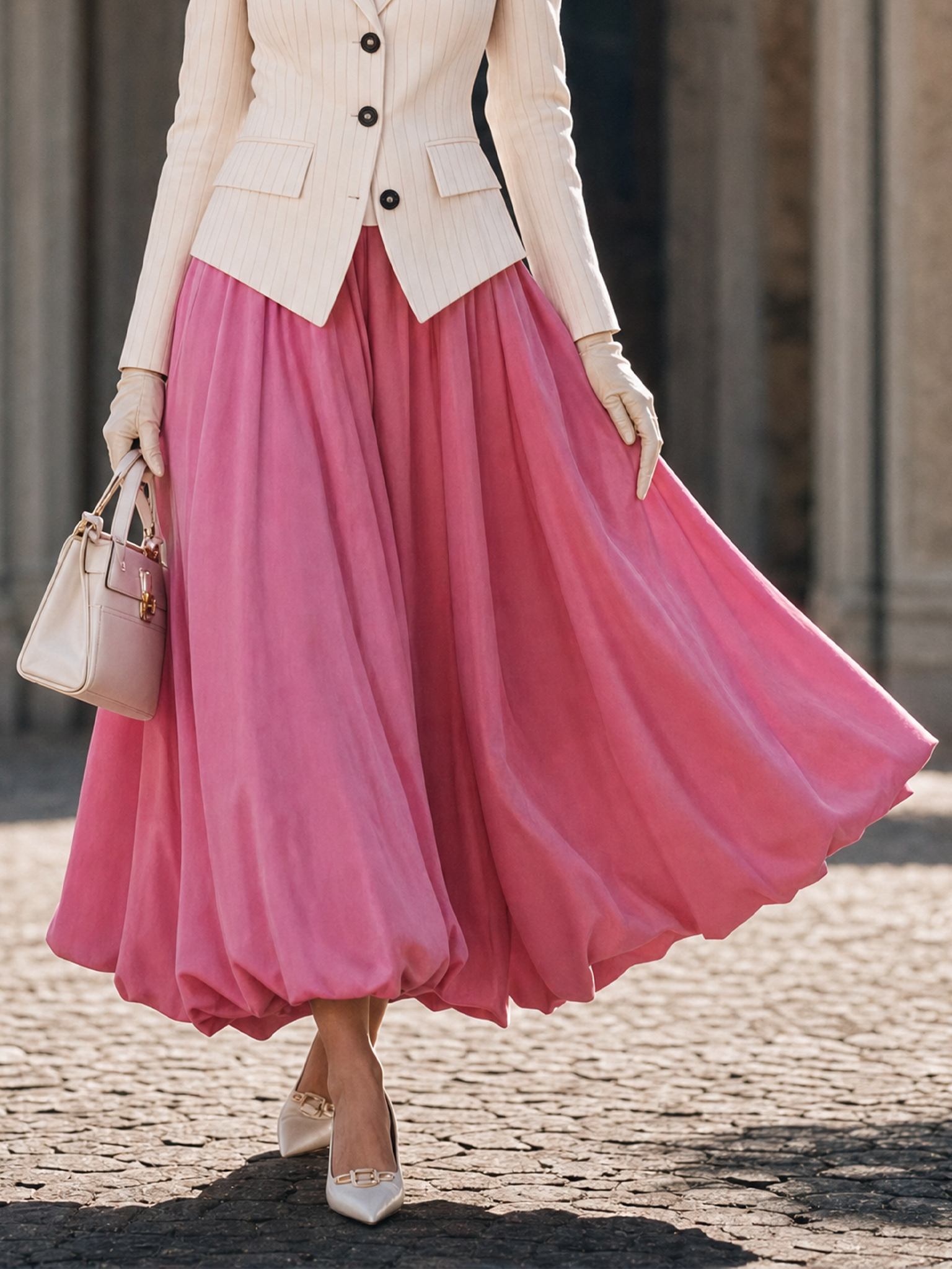 Vintage High Waist Pleated Bubble Hem Swing Midi Skirt