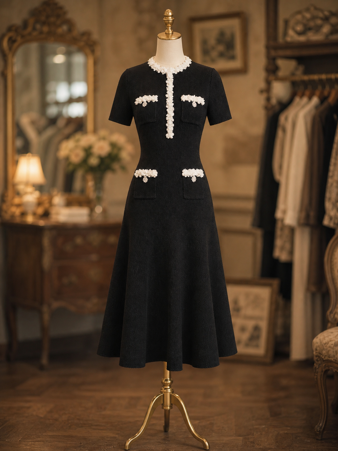 Vintage White Floral Embellished Rib Knit Short Sleeve Midi Dress