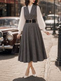 Vintage 1950s Grey Plaid Blazer Collar Fake Two‑Piece Midi Dress