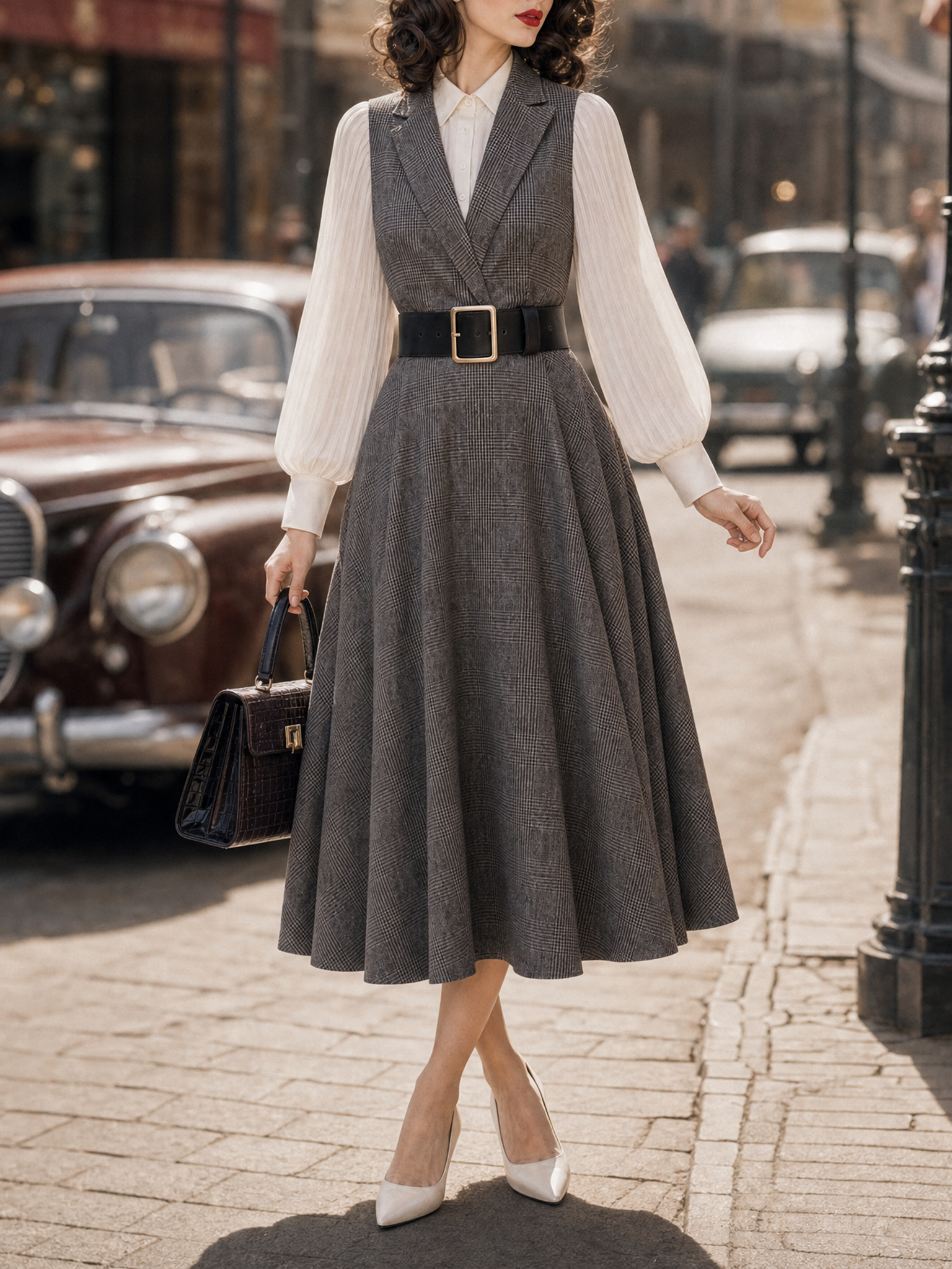 Vintage 1950s Grey Plaid Blazer Collar Fake Two‑Piece Midi Dress