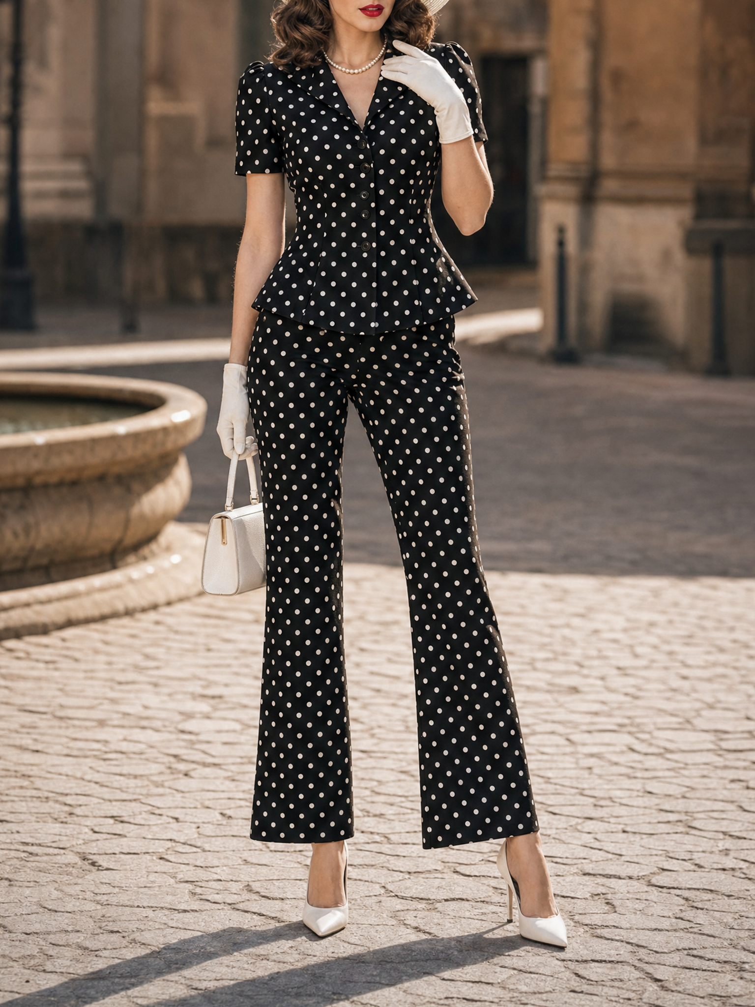 Vintage Black Polka Dot Peplum Blouse & Flare Pants Set