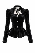 Vintage Black Velvet Puff Sleeve Peplum Fitted Top
