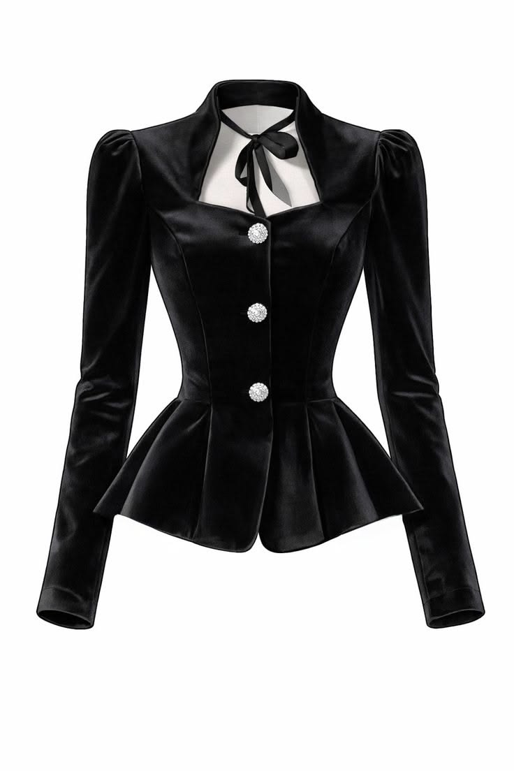 Vintage Black Velvet Puff Sleeve Peplum Fitted Top