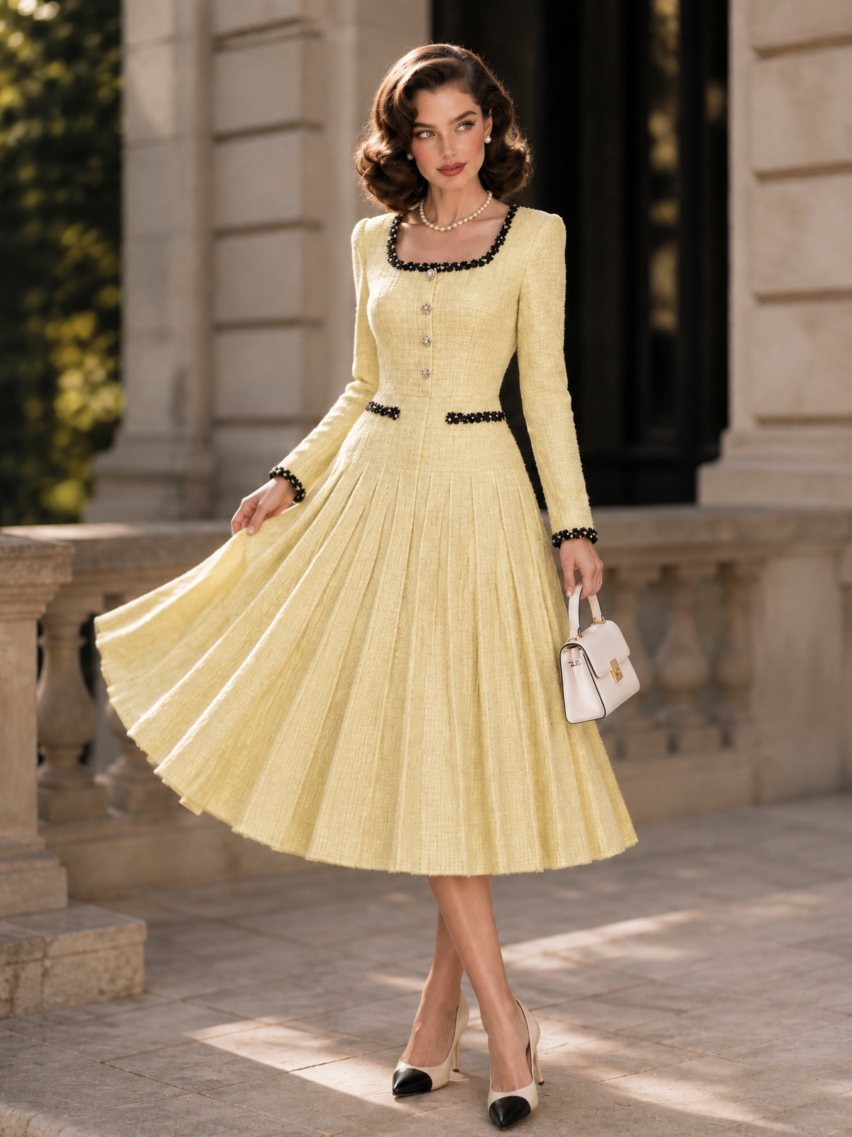 Vintage Thick-Woven Colorblock Webbing Pleated Belted Midi Dress