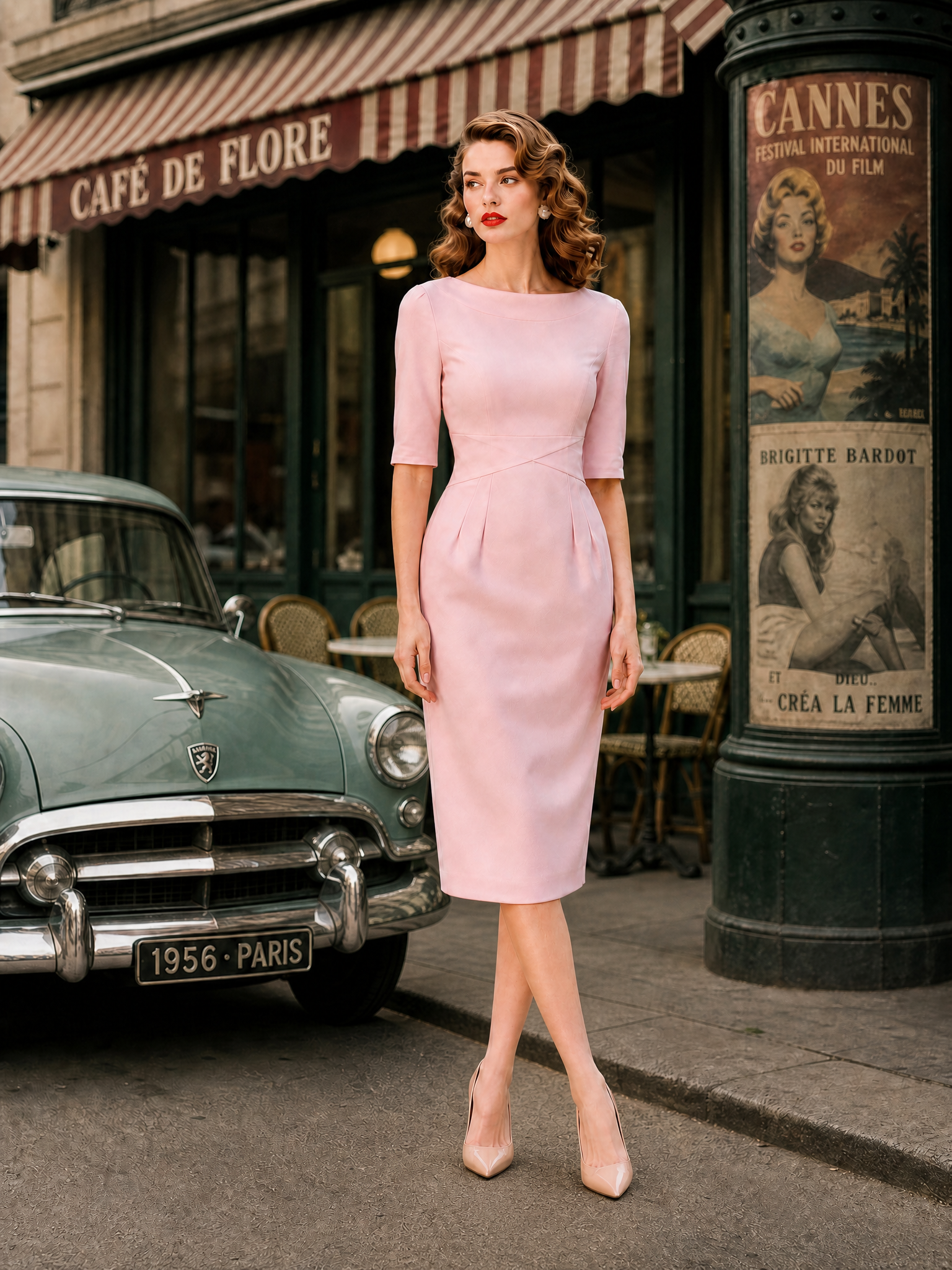 Retro Boat-Neck Blush Pink Bodycon Midi Dress