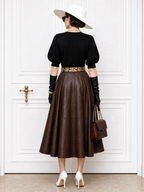 Vintage High‑Waist Faux Leather Flared Midi Skirt