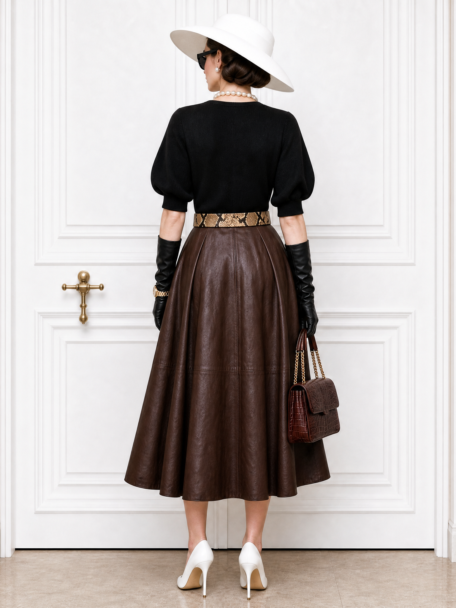 Vintage High‑Waist Faux Leather Flared Midi Skirt