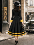 Vintage Black Yellow Ruffle-Trim Bell-Sleeve A-Line Dress