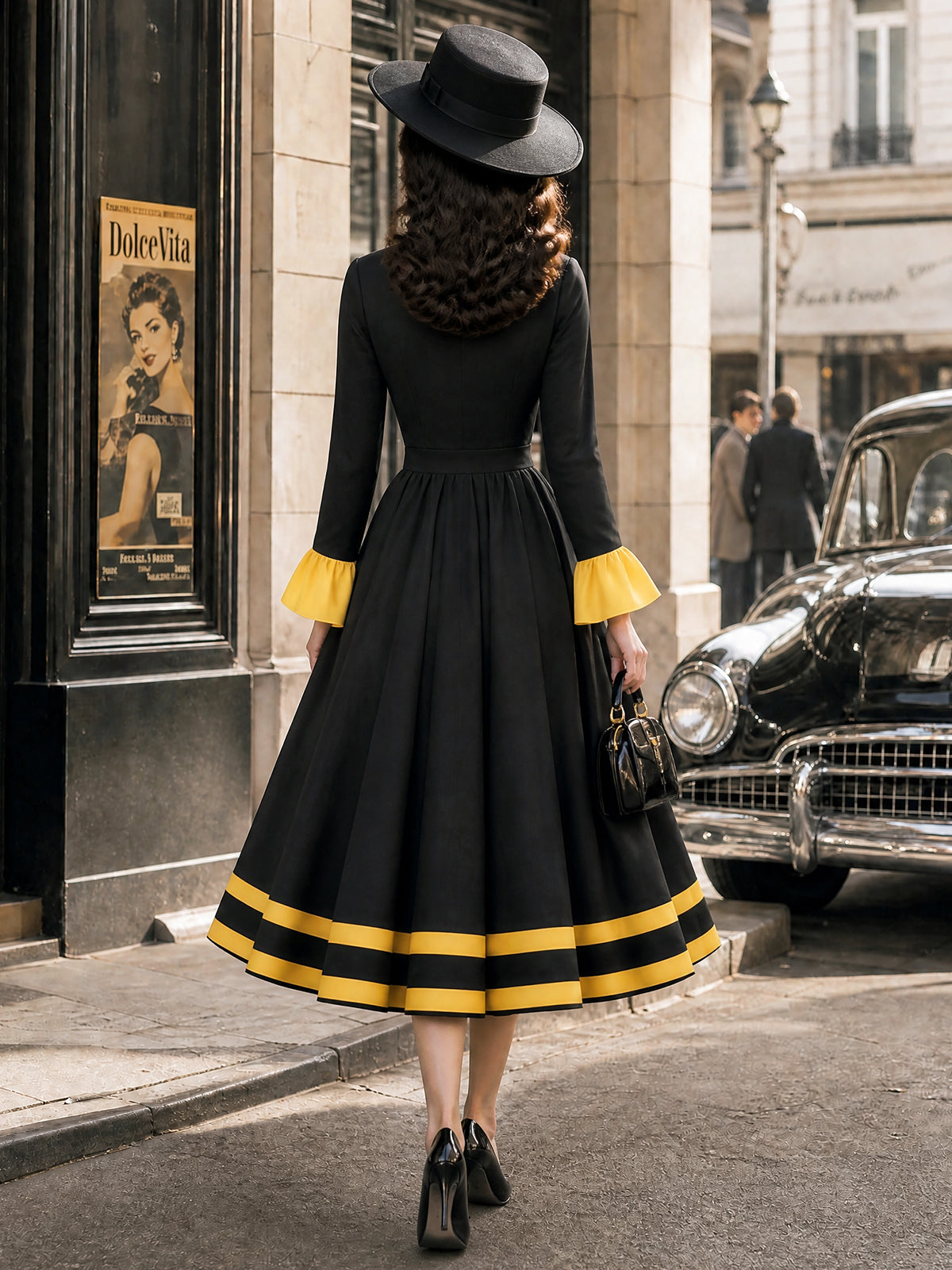 Vintage Black Yellow Ruffle-Trim Bell-Sleeve A-Line Dress