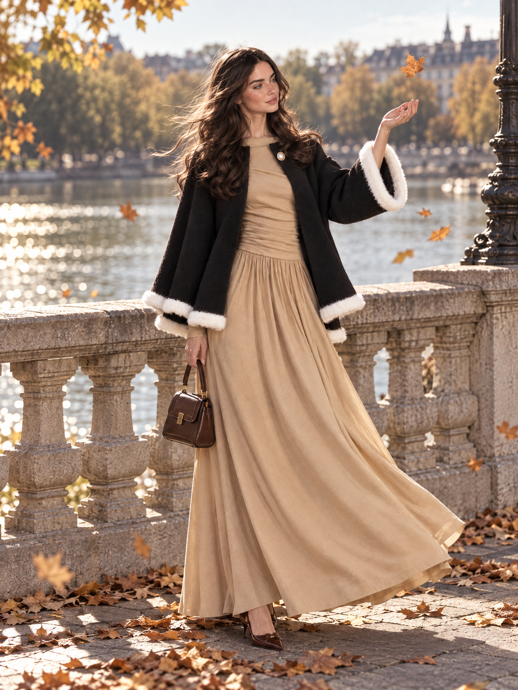 Vintage French Off-the-Shoulder Ruched Waist Long Sleeve Knit Flowy Maxi Dress