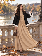 Vintage French Off-the-Shoulder Ruched Waist Long Sleeve Knit Flowy Maxi Dress