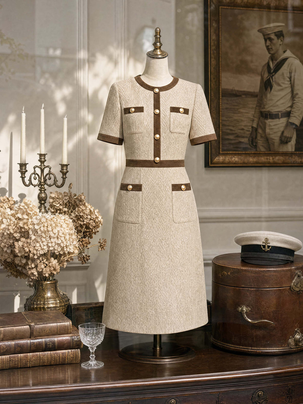 Retro Midi Contrast Trim Tweed Sheath Dress