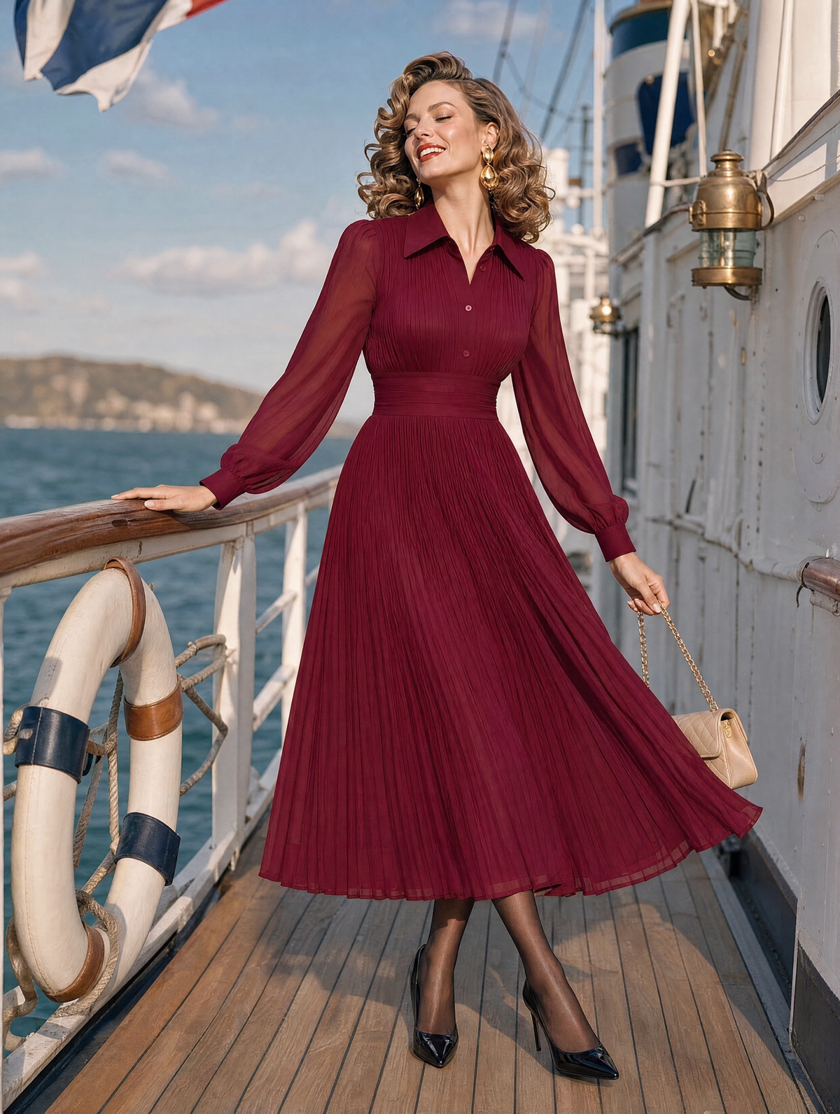 Vintage Collar Pleated Midi Chiffon Dress