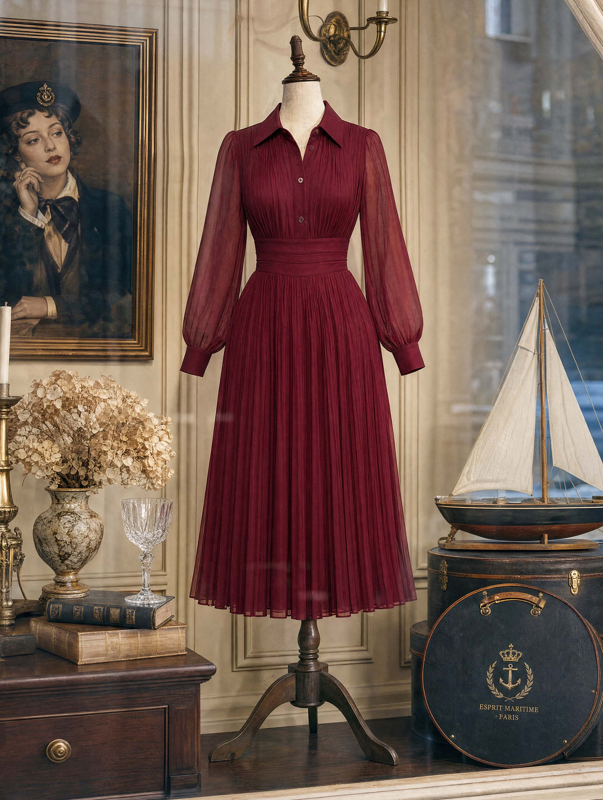 Vintage Collar Pleated Midi Chiffon Dress