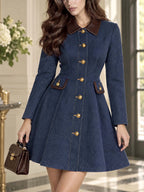 Retro Faux Leather Collar Mini Denim Dress