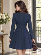Retro Faux Leather Collar Mini Denim Dress