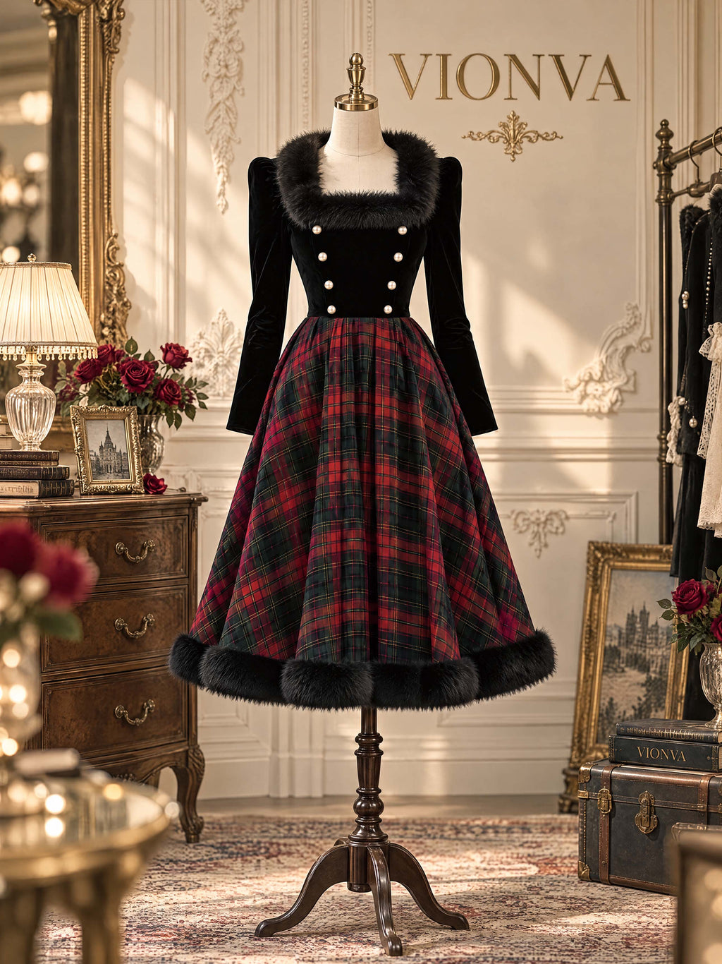 Vintage Velvet Bodice Tartan Midi Dress