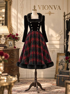Vintage Velvet Bodice Tartan Midi Dress
