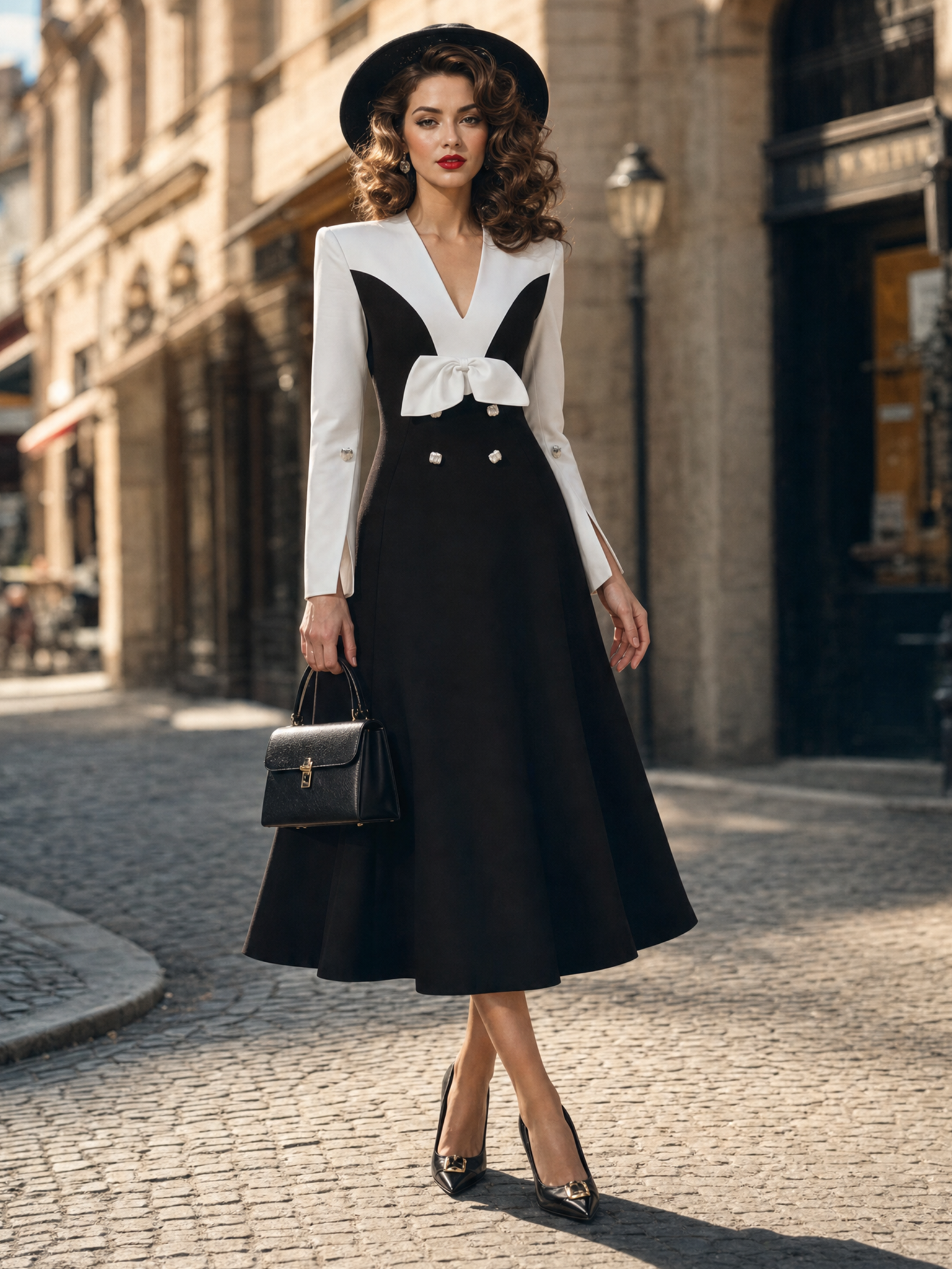 Vintage Black‑White Colorblock Bow Front Long Sleeve Split Cuff A‑Line Midi Dress