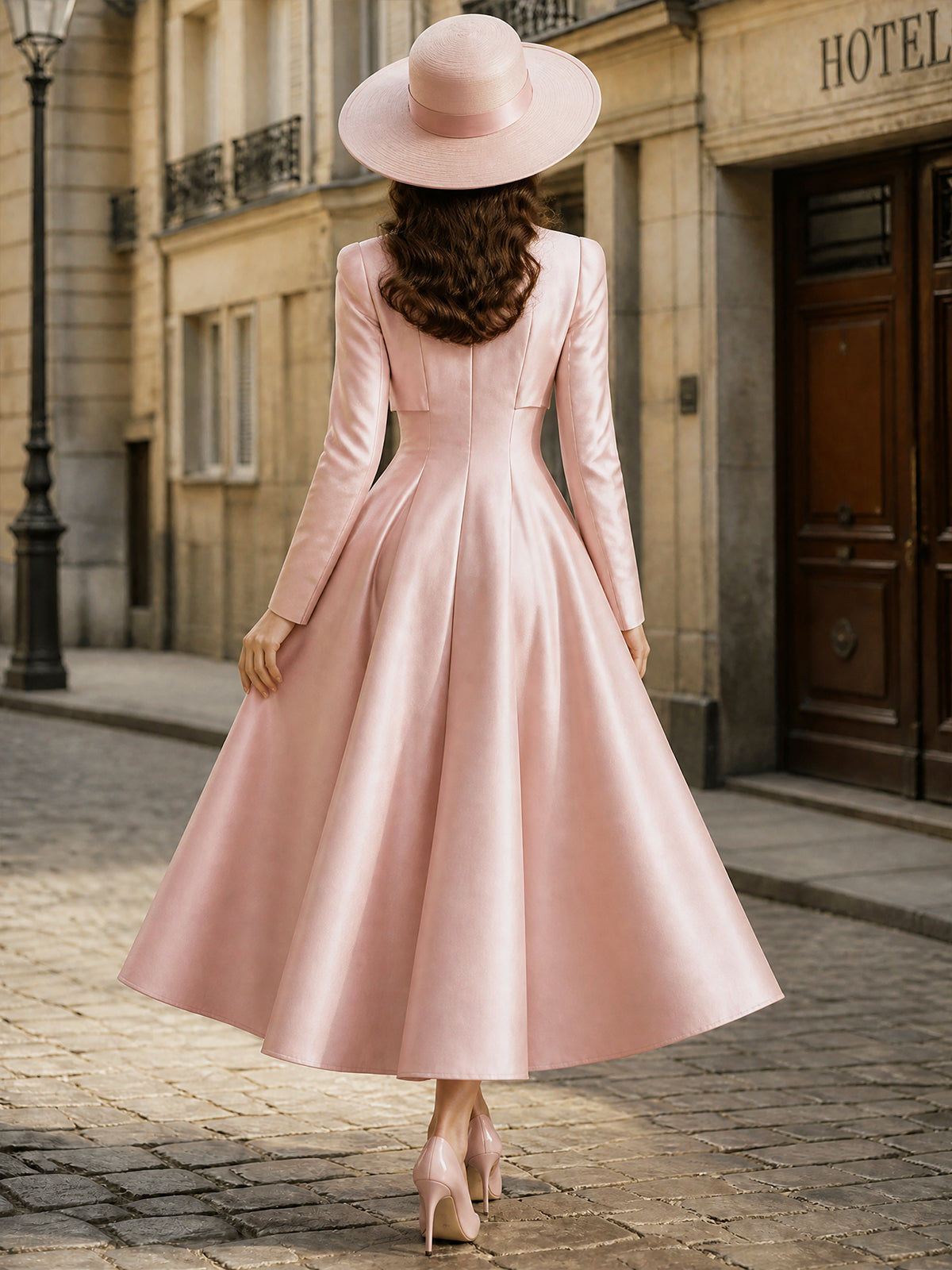 Vintage Pink Bow-Tie Neck Satin A-Line Midi Dress