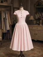 Vintage Hepburn Style Pink Satin Fit & Flare Midi Dress