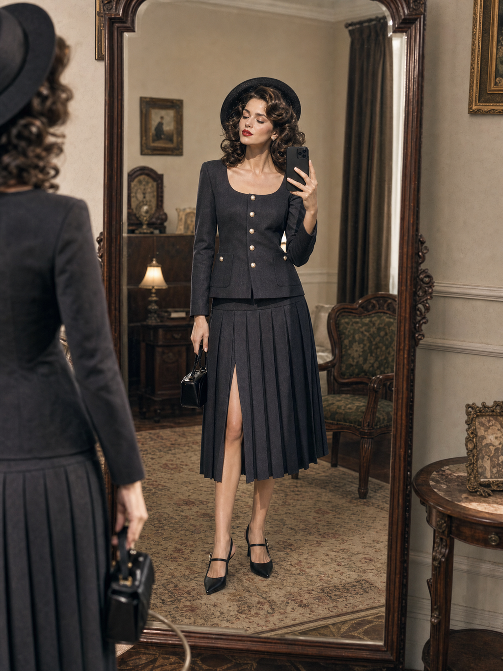 Vintage Square Neck Gold Button Jacket & Slit Pleated Midi Skirt Set