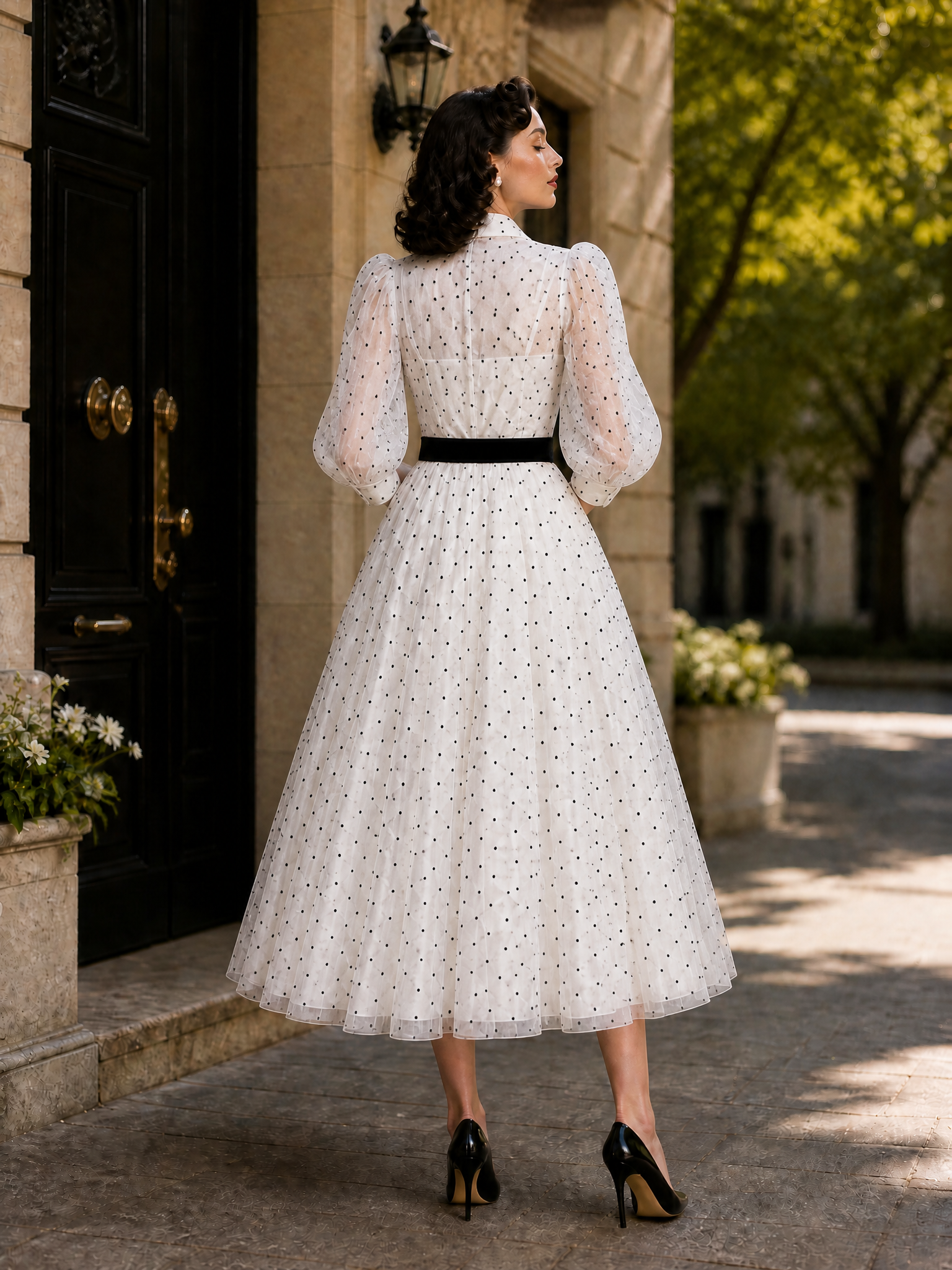 Vintage Polka Dot Print Colorblock Belted Maxi Dress