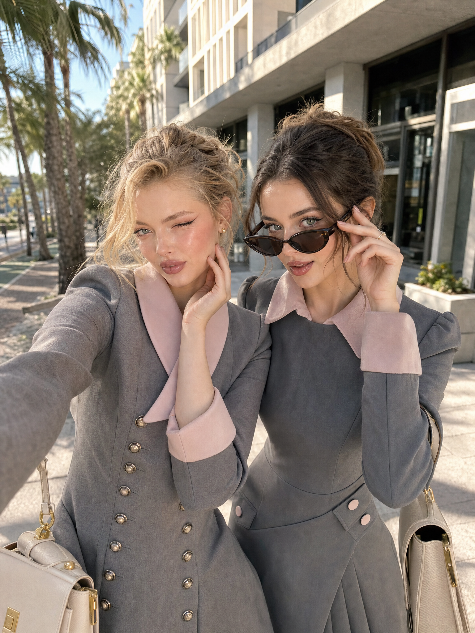 Vintage Grey Contrast Pink Lapel Double Breasted Long Sleeve Mini Dress