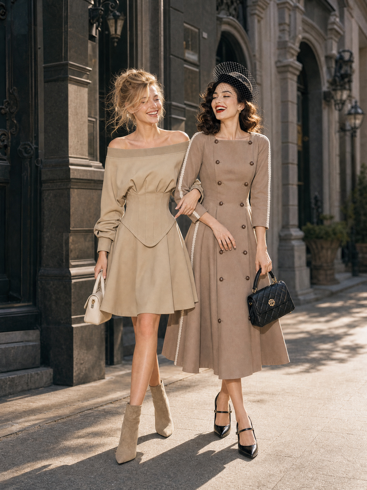 Vintage 1950s Double Breasted Lace Trim Swing Midi Dress