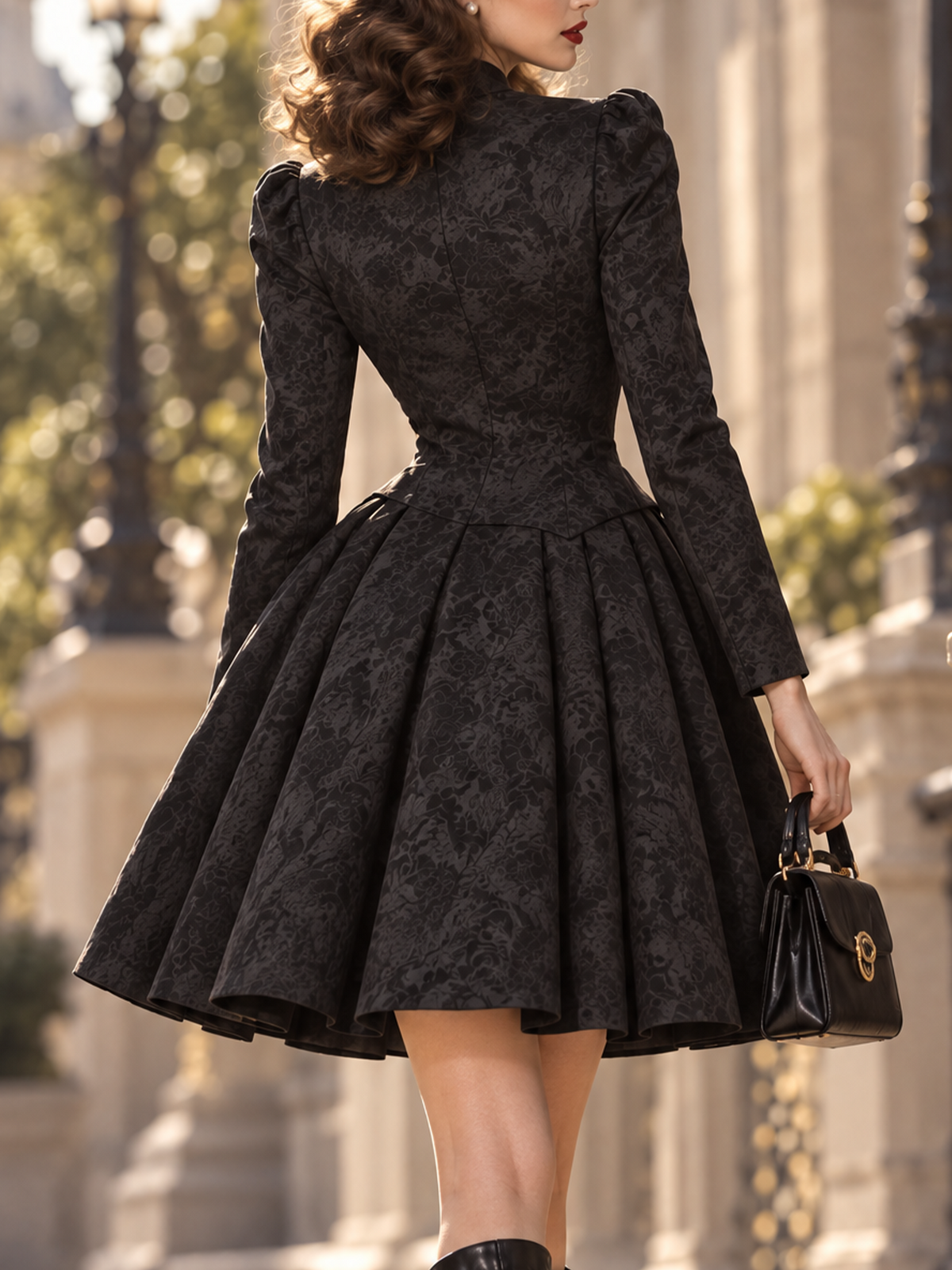 Vintage Jacquard High Neck Puff Long Sleeve Corset Flared Mini Dress
