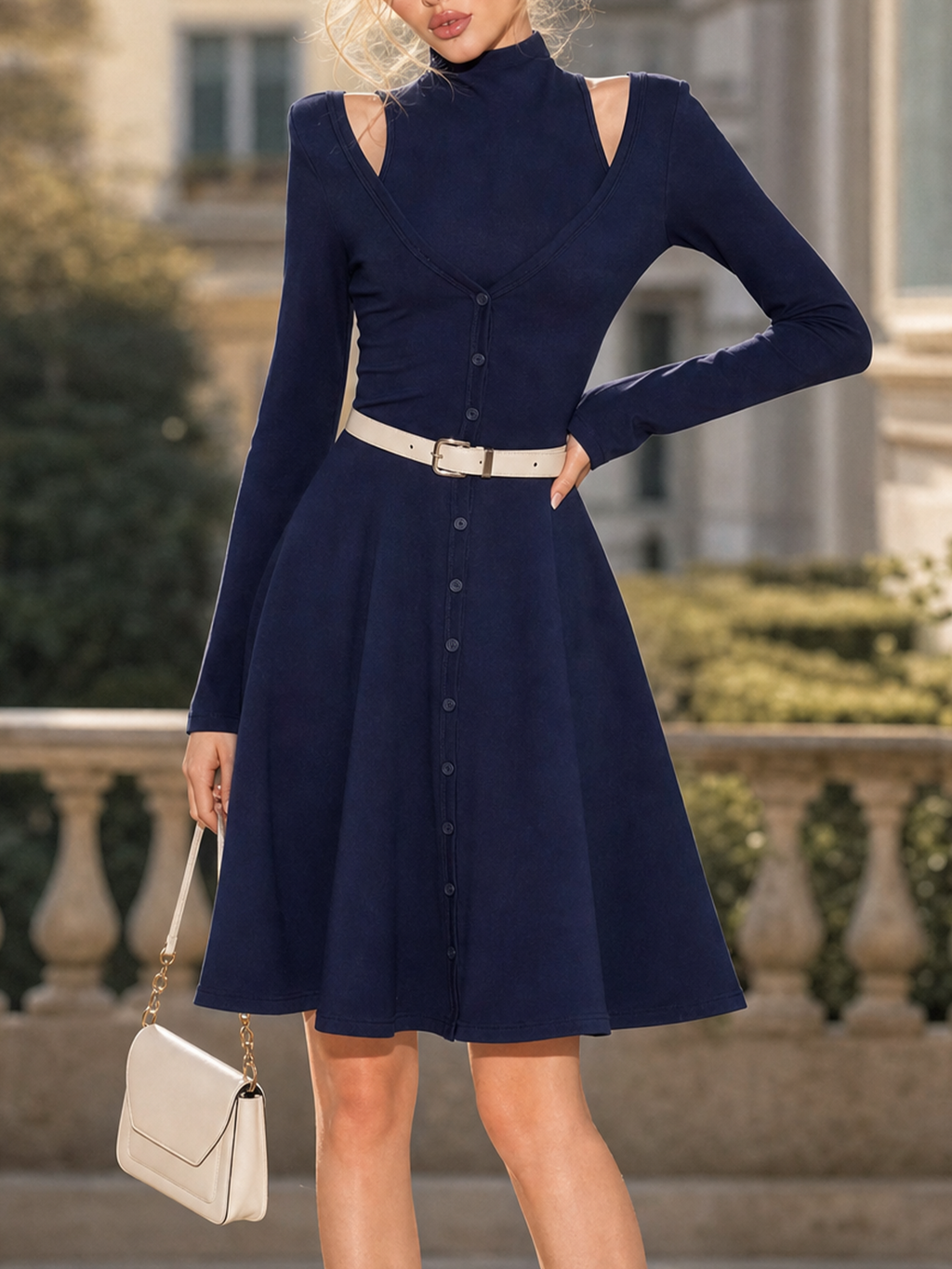 Vintage Navy Mock Neck Cutout Long Sleeve Button Front Midi Dress