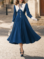 Vintage Contrast Sailor Collar Button Down Midi Dress