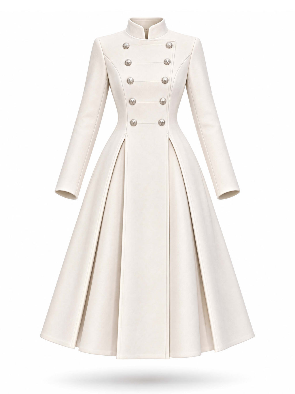 Vintage Ivory Stand-Collar Double-Breasted Fit & Flare Midi Dress