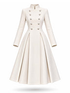 Vintage Ivory Stand-Collar Double-Breasted Fit & Flare Midi Dress