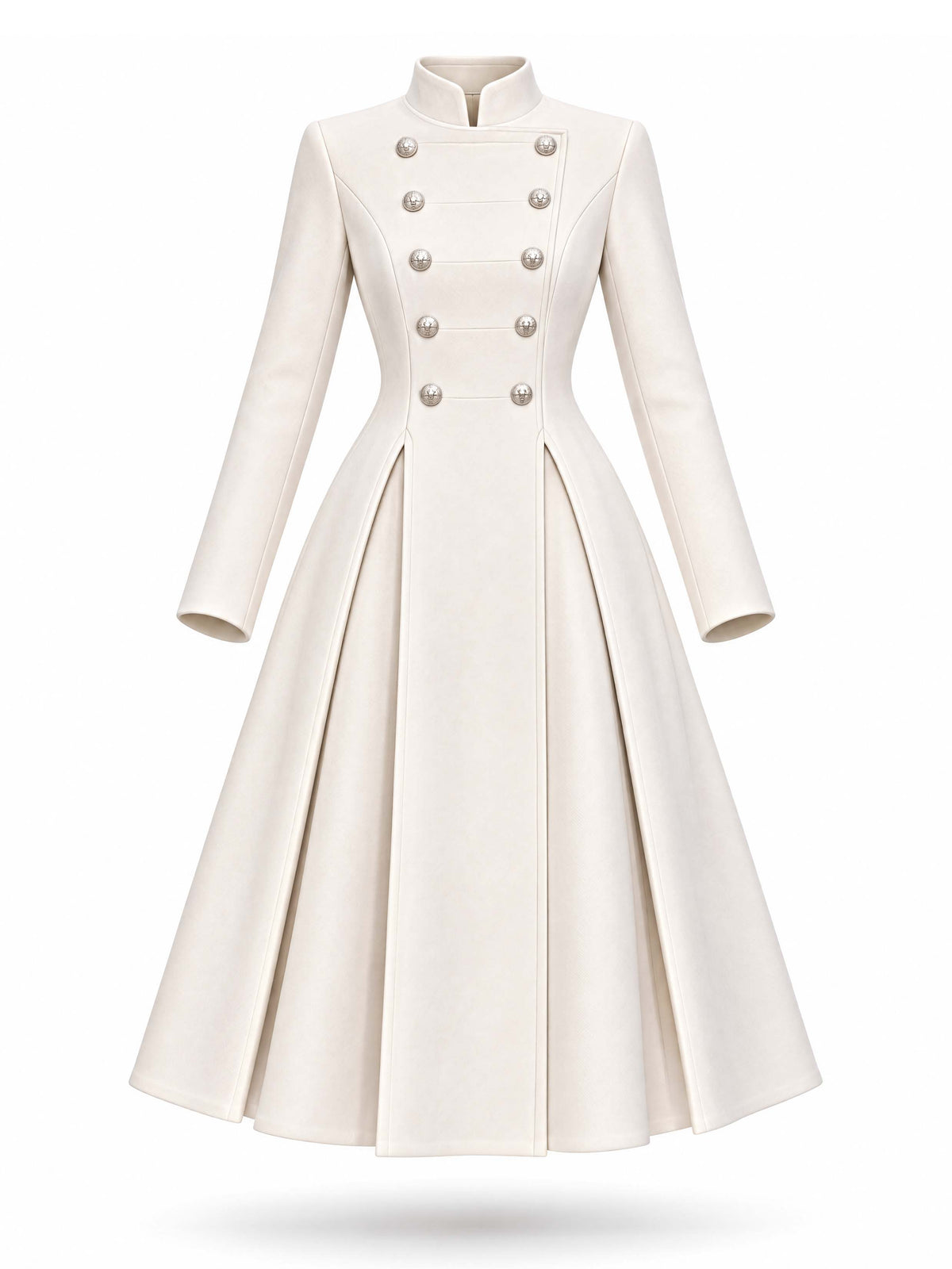 Vintage Ivory Stand-Collar Double-Breasted Fit & Flare Midi Dress