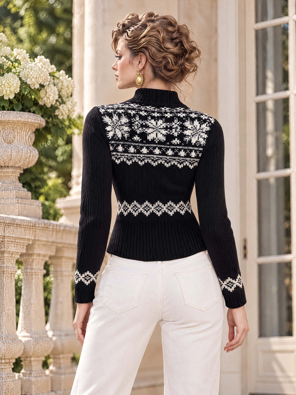 Retro Nordic Snowflake High Neck Knit Cardigan