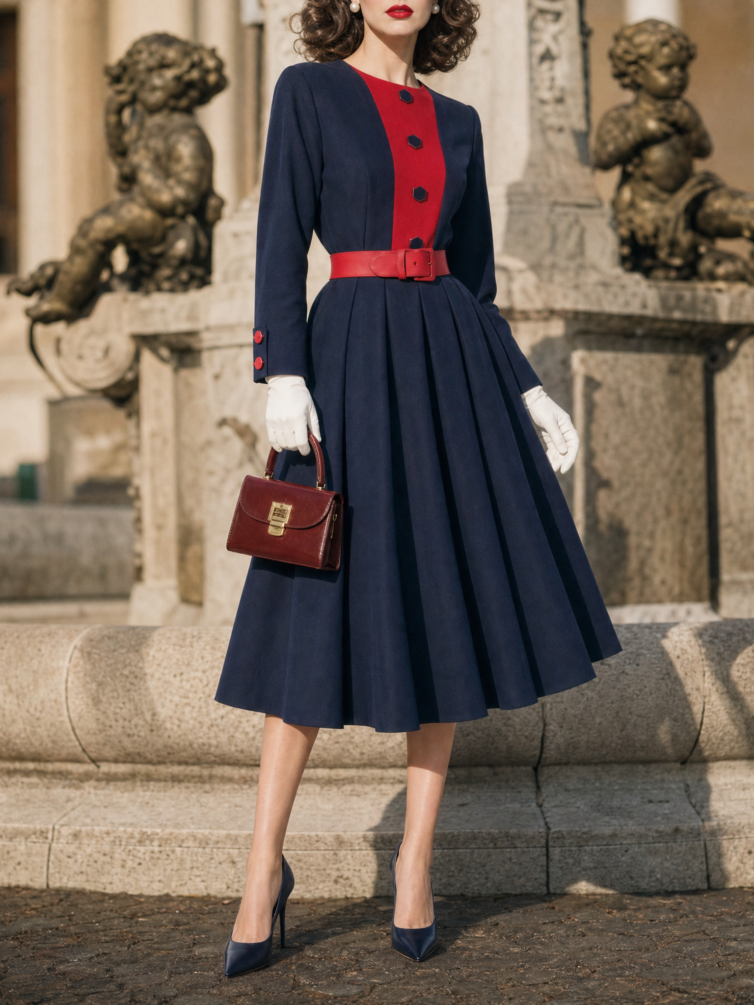 Vintage 1950s Color Block Midi Dress Long Sleeve Belted Swing Formal Party Dress