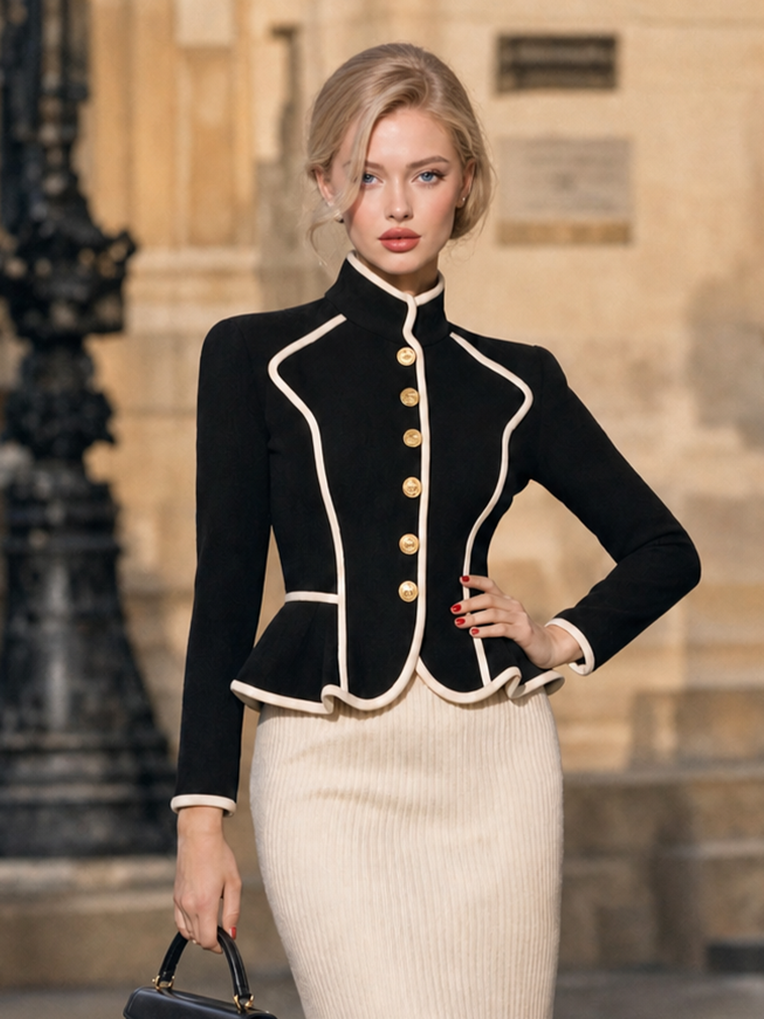 Vintage Peplum Jacket Contrast Piping Stand Collar Gold Button Coat