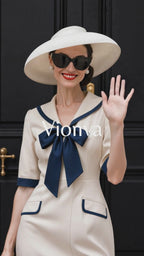 Vintage Sailor Collar Bow Tie Midi Dress