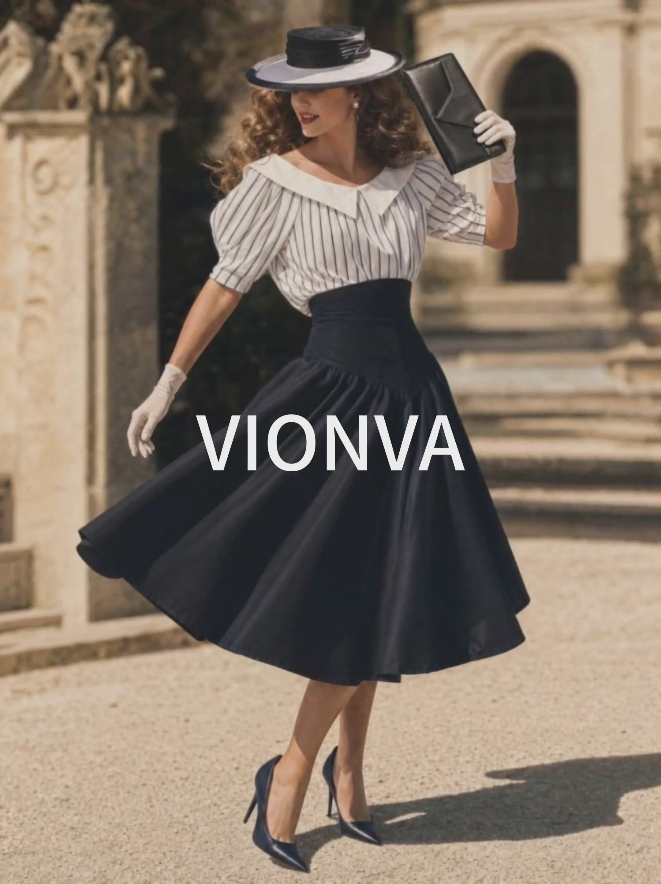 Vintage 50s Puff Sleeve Striped Top High Waist A-line Swing Skirt Sets
