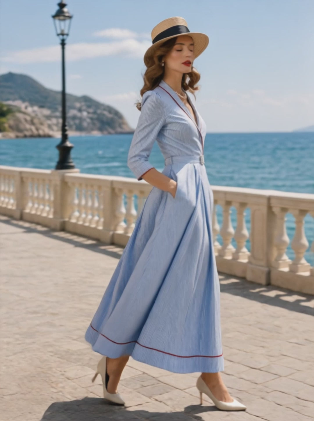 Vintage Blue Pinstripe Belted Maxi Dress