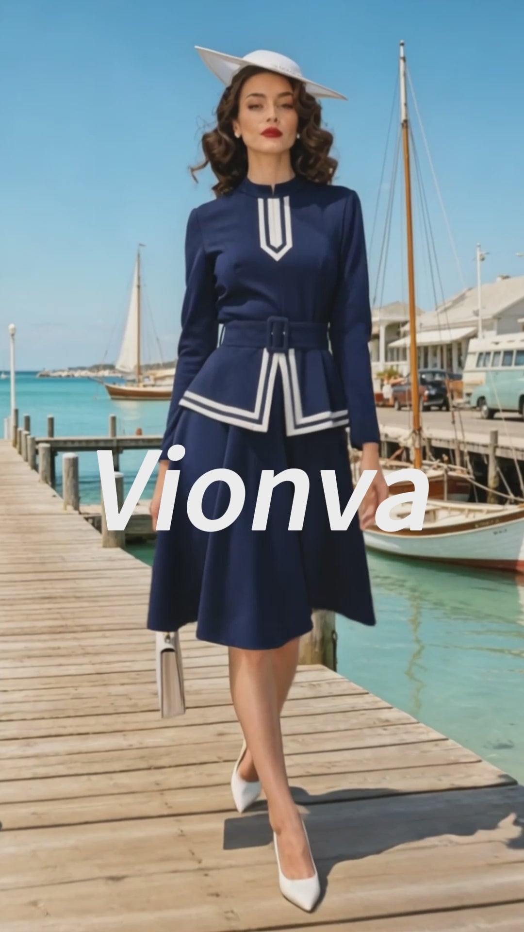 Vintage Navy White-Trim Peplum Long Sleeve A-Line Dress