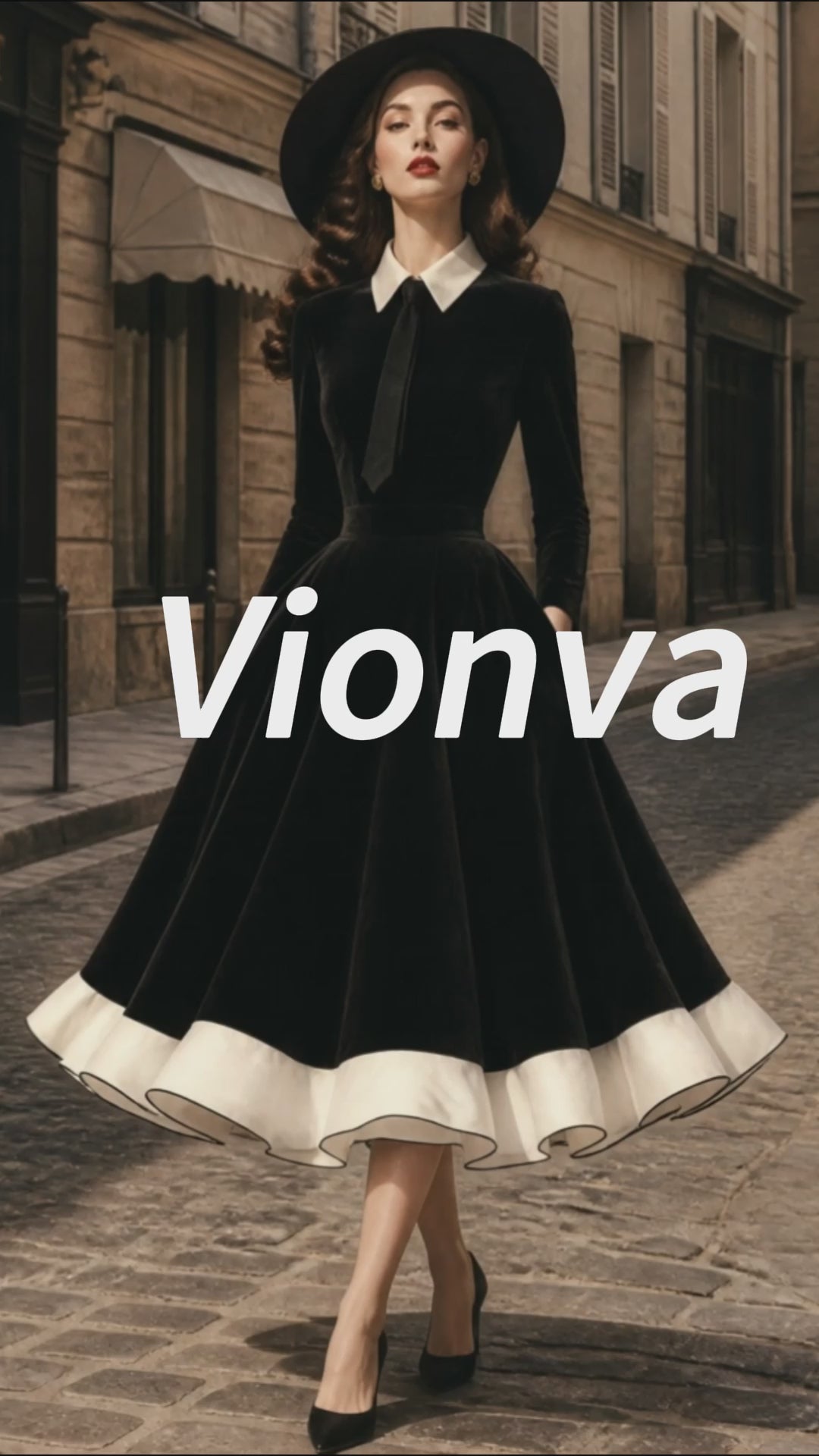 Vintage Black Velvet White-Collar Tie-Neck A-Line Dress