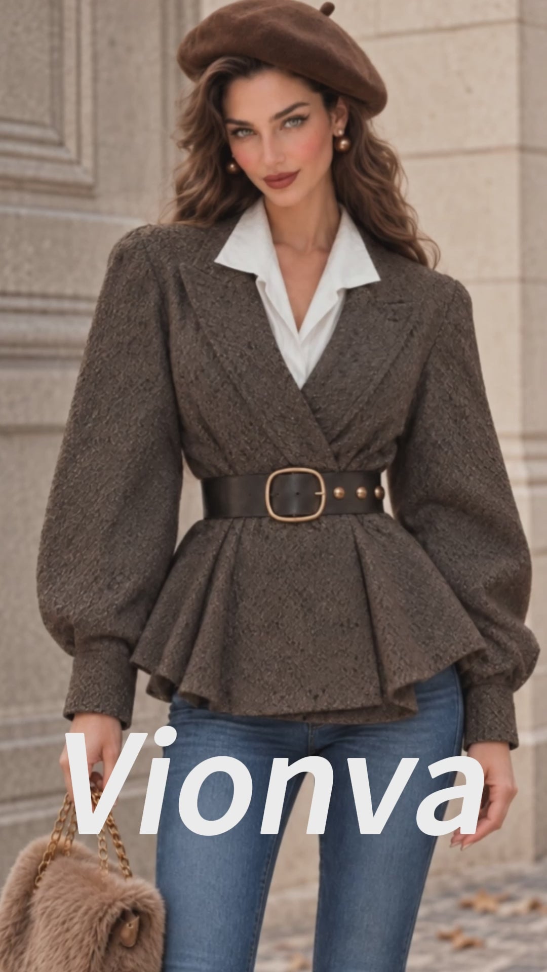 Vintage Brown Tweed Belted Peplum Jacket
