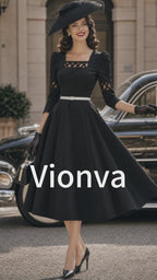 Vintage Black Lattice Cutout Belted Midi Dress