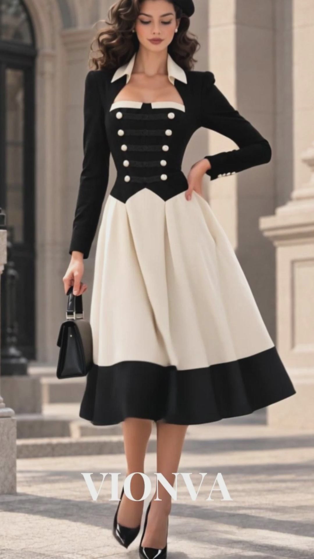 Vintage Color Block Frog Button Midi Dress