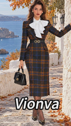 Vintage Black Plaid Wool Midi Dress