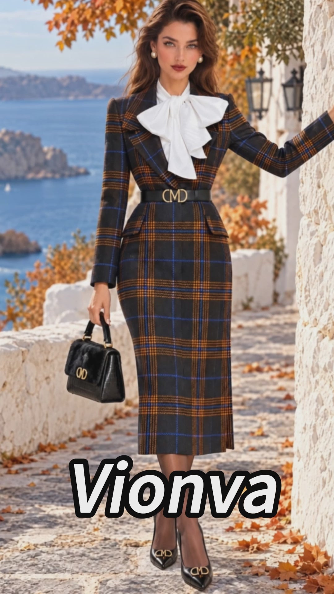 Vintage Black Plaid Wool Midi Dress