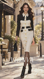 Vintage Retro Black White Lapel Gold Button Bodycon Midi Dress