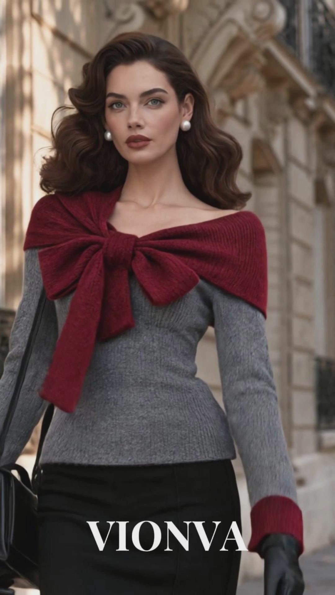 Vintage Color Block Bow Collar Knit Top